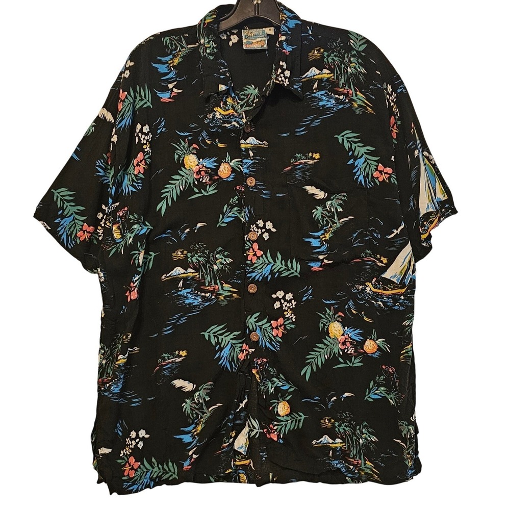 Pineapple Moon Mens Black Tropical Sailboat Rayon Hawaiian Camp Shirt Medium